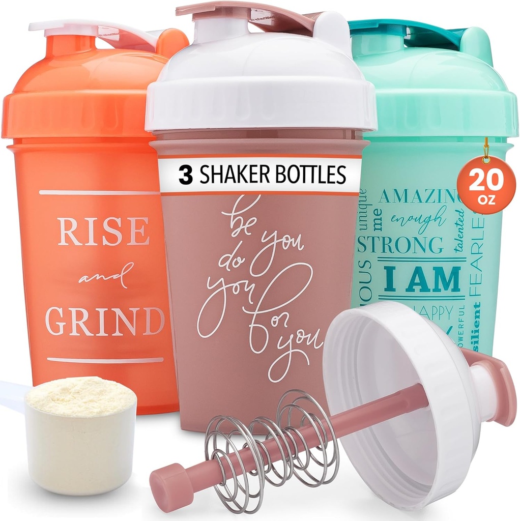 GOMOYO [3-Pack] 20-Ounce Shaker Bottle with Action-Rod Mixer  Protein Shaker Bottle with Motivational Quotes ← Shakers for Protein Shakes are BPA Free and Dishwasher Safe ← Coral, Mint, & Rose