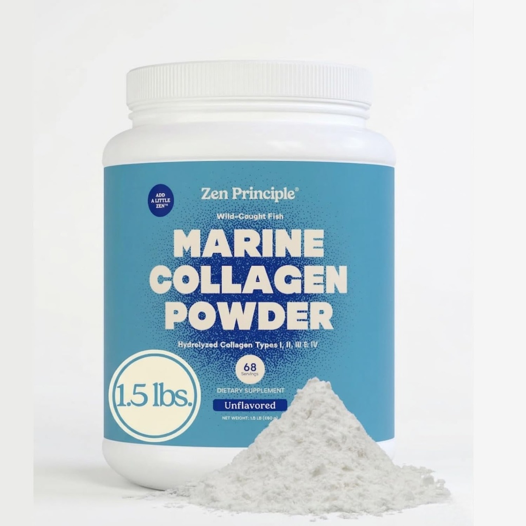 Principio Zen Peptides de Collagen Marine Powder 1.5 lb. Pescado salvaje, no OGM. Admite la piel sana, el pelo, las articulaciones y los huesos. Tipos hidrolizados I, II, III Proteína IV. Aminoácidos. Fácil de mezclar.