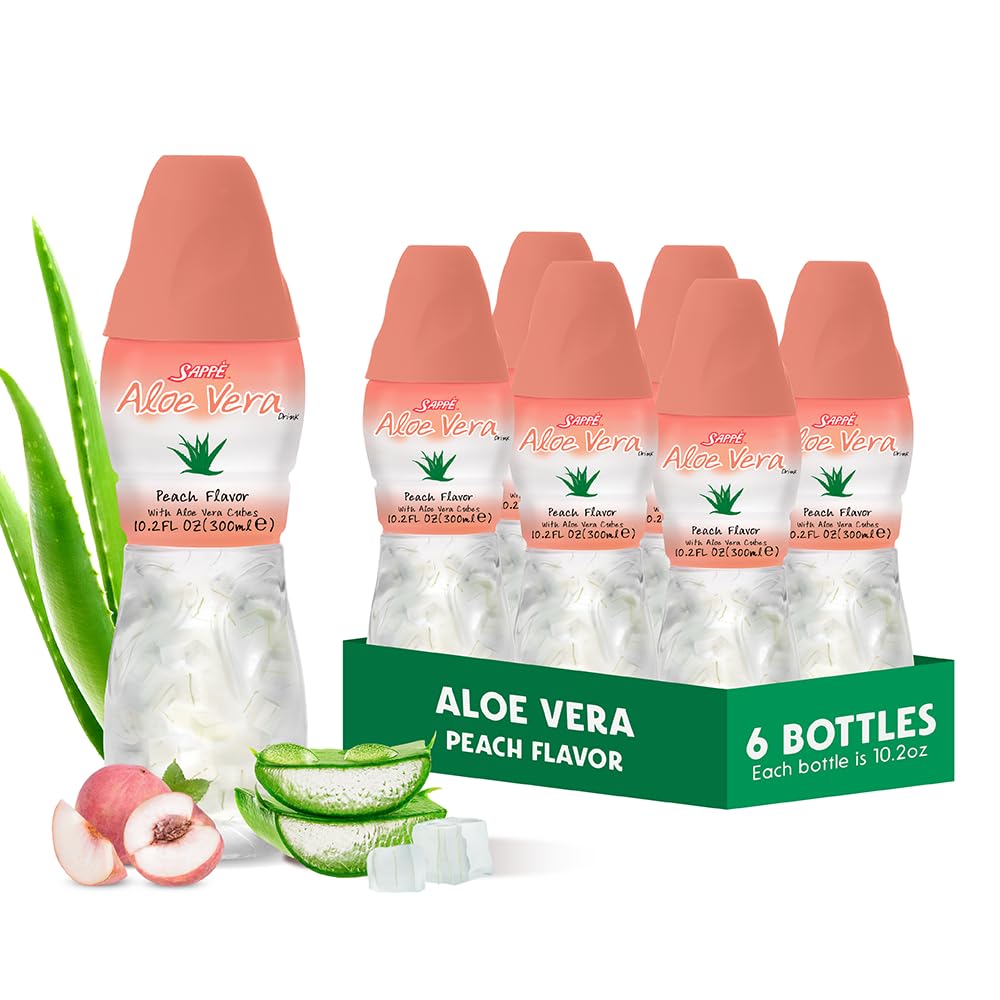 Jugo de aloe vera (Peach con sabor) con pulpa de aloe pura chunky más grande (6 paquetes) Zumo de planta grande para hidratación y contiene pulpa de aloe grande. Es saludable para adultos y niños