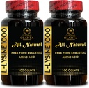 L-LYSINE 1000 mg Free Form Amino Acid Essential - High Strength L-Lysine Supplement for Vision Support Lip Care, L-Lysine HCI, Free Form Amino Acid, Enhanced Absorption - 2 Bottles 200 Counts