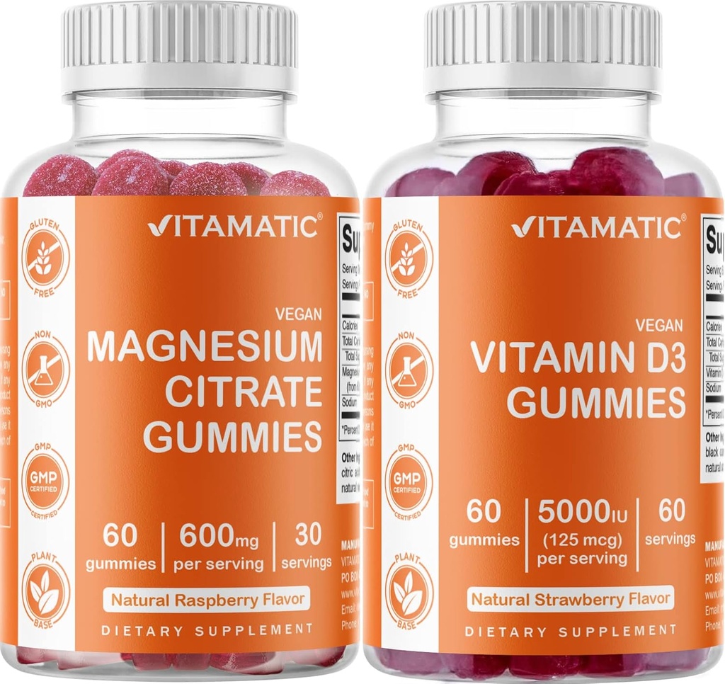 Magnesio Vitamático &amp; Vitamina D3 Gummies Combo - 60 Conteo Vegano Cada