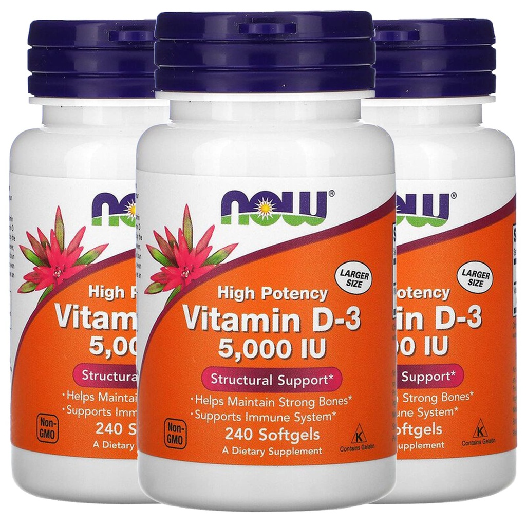 Now Vitamin D-3 5000 IU, 240 Softgels, Pack of 3