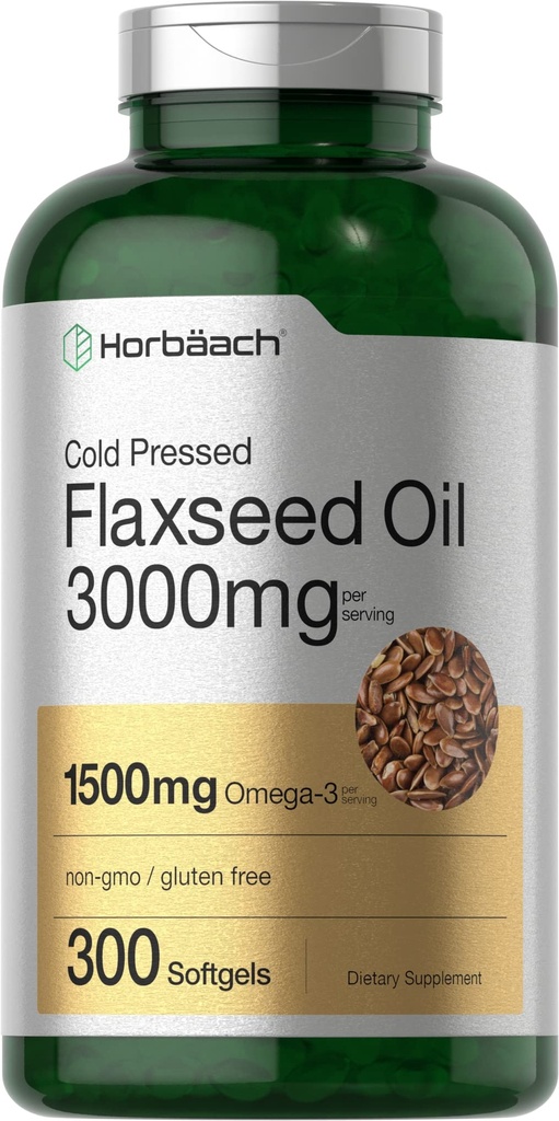 Horbäach Flaxseed Oil Softgel Capsules 3000mg  vírgenes 300 Conde Silencio High Potency  with Omega 3 6 9 ← Non-GMO, Gluten Free ← Cold Pressed Flax Seed