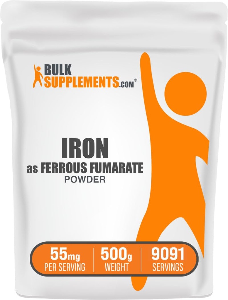 BulkSupplements.com Ferrous Fumarate Powder - Mineral esencial, Suplemento de hierro para hombres y mujeres - Gluten Free, 55 mg por ser, 500g (1.1 lbs) (Pack of 1)