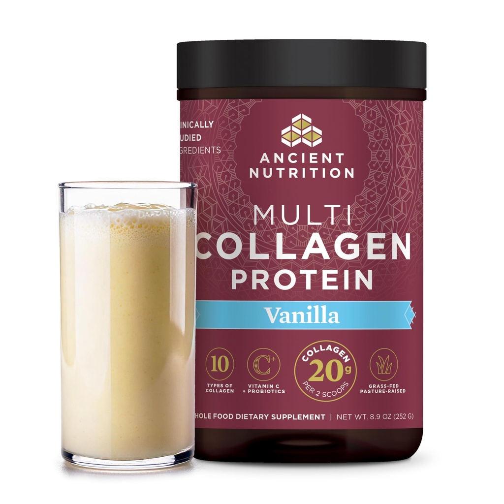 Ancient Nutrition Collagen Peptides Powder, Multi Collagen Protein, Women & Men, Vitamin C, Probiotics, Hydrolyzed Collagen, Supports Skin, Joints, Gut Health, Vanilla, 24 Servings