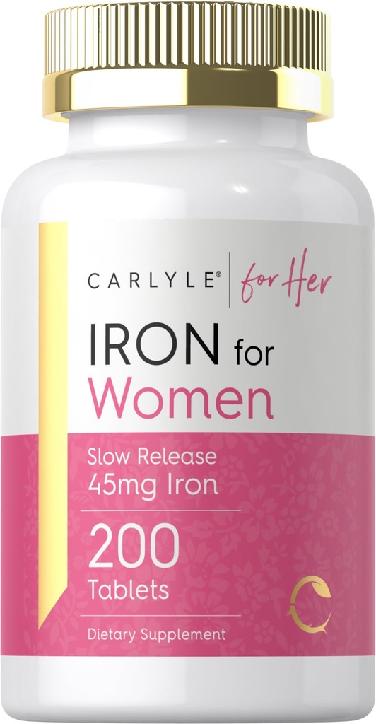 Carlyle Iron Supplement for Women TEN 45mg TEN 200 Slow Release Tablets ← Vegetarian, Non-GMO, Gluten Free Pills