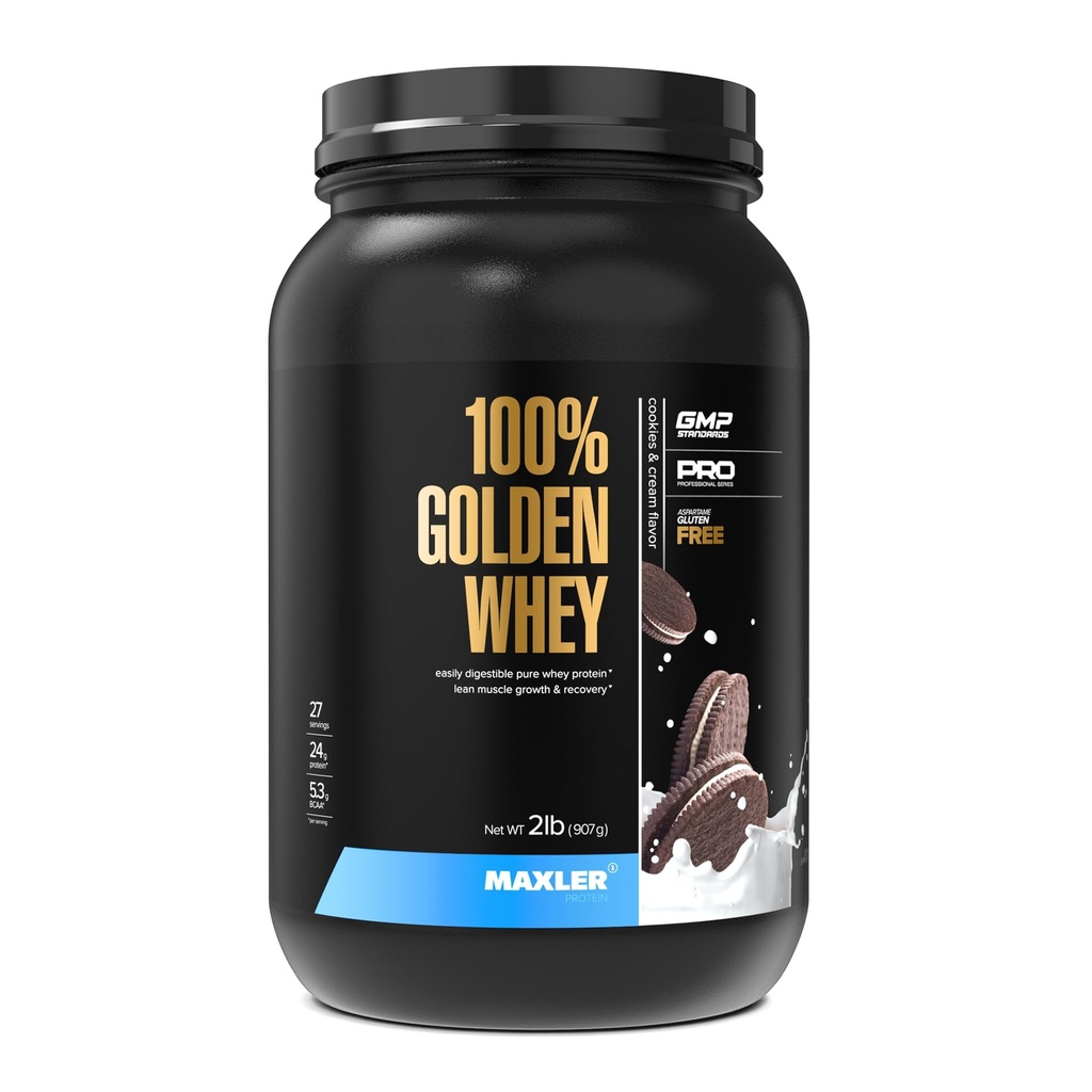 Maxler 100% Golden Whey Protein - 24g de Proteína por Servir - Premium Whey Protein Powder para Pre Post Workout - Fast-Absorbing Whey Concentrate, Isolate " Hydrolysate Blend - Cookies " Cream 2 lb