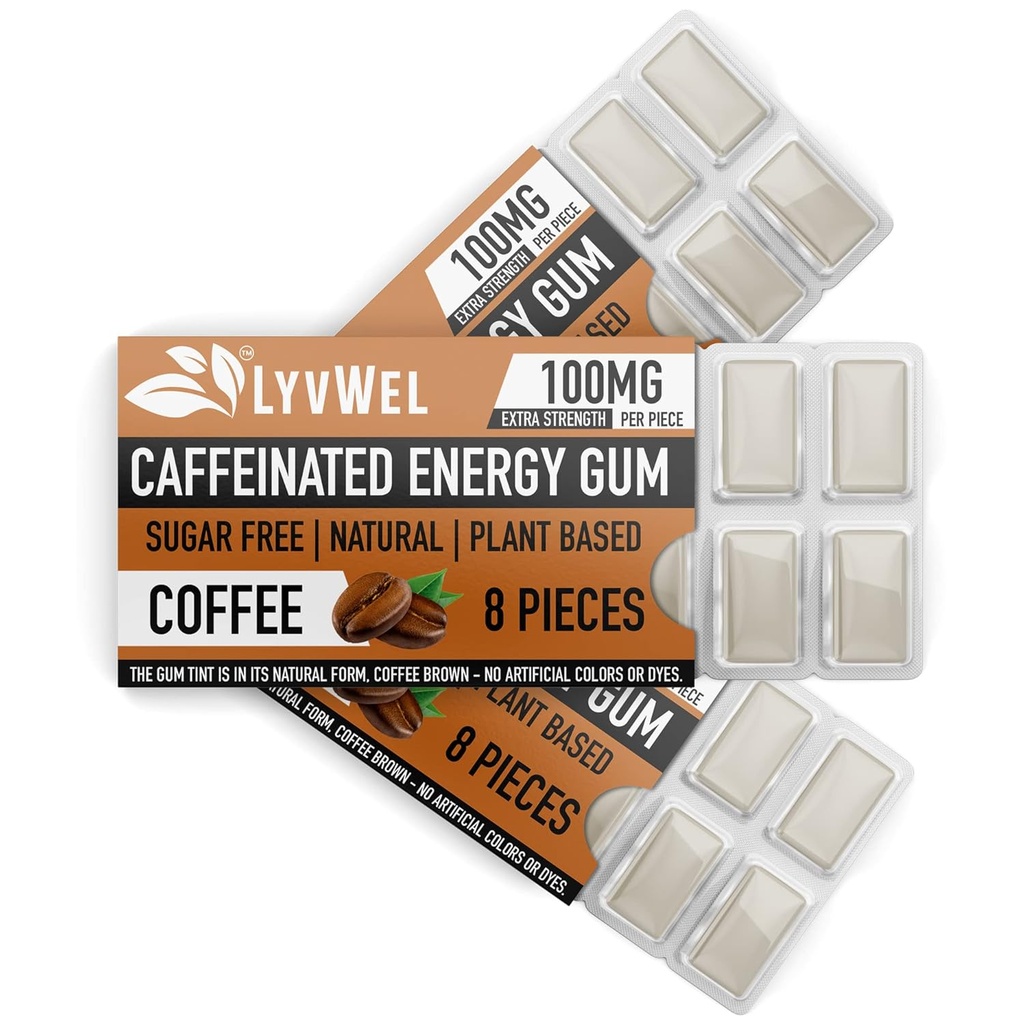 LyvWel Energy Gum Silencio 100mg Caffeine per gem TEN TODO Natural TENIDO Sugar-Free Pre-Workout Boost: Your Essential Energy Supplement to Stay Awake- 3 Pack (Coffee)