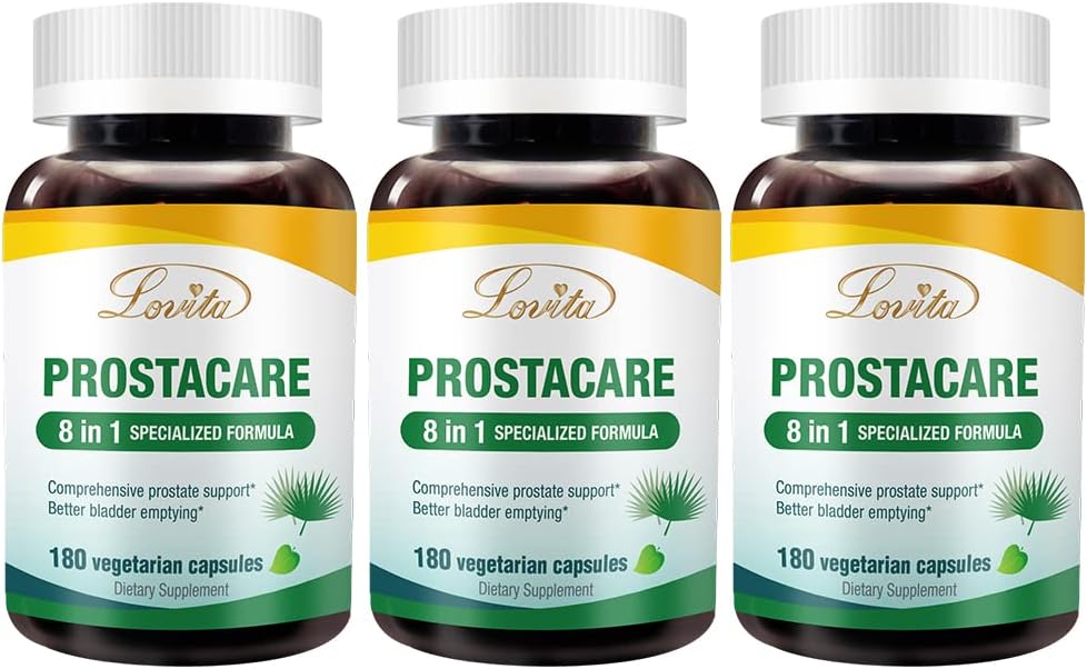 Lovita Prostate Health, 8 in 1 Exclusive Prostate Supplements for Men with Saw Palmetto 500mg, Stinging Nettle, Lycopene for Normal Urination Frequency, 180 Veggie Capsules (Pack of 3)
