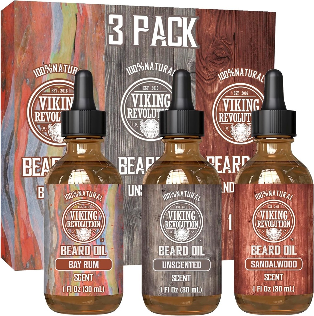 Aceite de barba para hombres 3 Pack - Natural Mens Beard Oil Vaiety Set 2 - Sandalwood, Unscented and Bay Rum Scents - Beard Acondicionamiento y Moisturización para una barba saludable (3 Pack, 1oz)