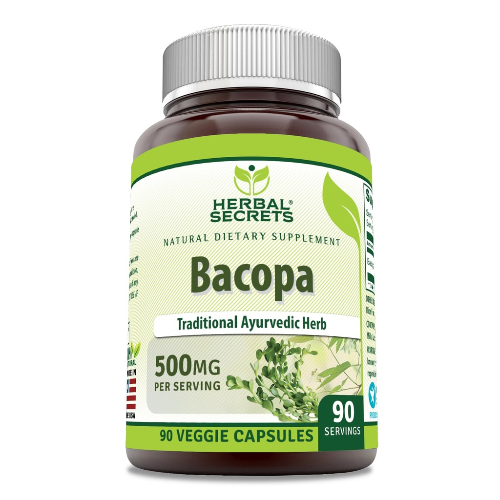 Herbal Secrets Bacopa Powder 500 Mg 90 Veggie Capsules Suplemento ← No Gluten Free ← Made in USA
