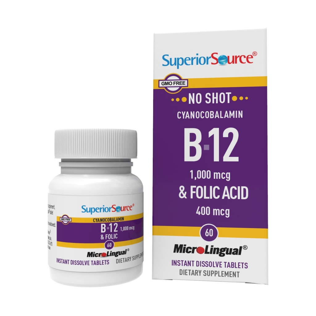 Fuente Superior No Zapato Vitamina B-12 Cyanocobalamin 1000 mcg ' Folic Acid 400 mcg - Ofertas Energía, Corazón, Cerebro, &amp; Estrés Soporte - 60 Tablas sublinguales de resolución