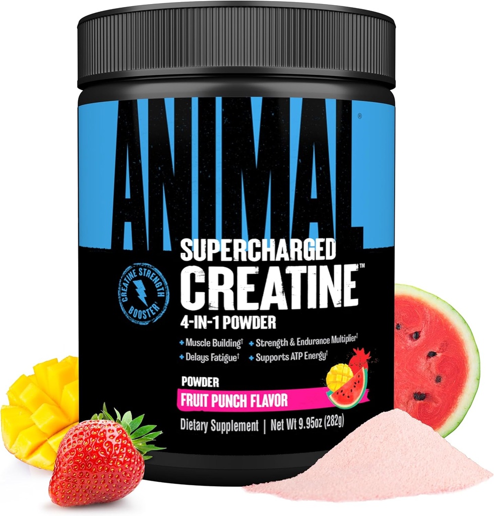 Polvo de crema súper recargada de animales - Monohidrato de crema saborizada mejorado con betaine Anhydrous, PurpleForce & Senactiv, Strength, Endurance, Muscle Recovery for Men and Women – Fruit Punch, 300g