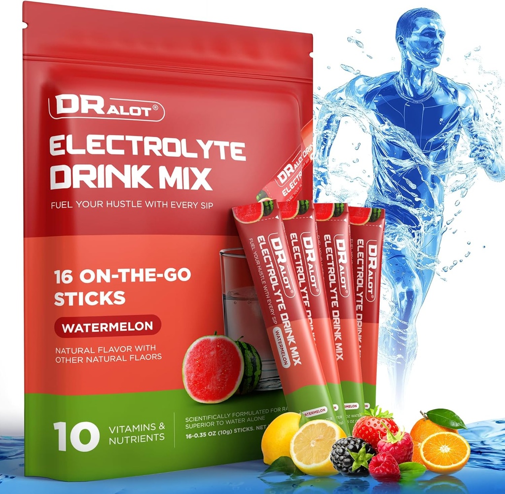 Sugar Free Electrolytes Powder with Natural Flavors, 3X Rapid Hydration Packets with 10 Electrolyte & Vitamins, Liquid Daily IV, Non-GMO, Gluten-Free, Keto, Vegan, 16 Sticks, Watermelon