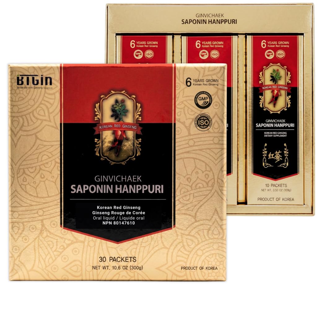 Coreano Red Ginseng Extracto 3000mg Todos los días, Saponin Hanppuri, Immune Booster y Focus Suplemento para la mejora del cerebro con Ginsenoside Rg3, Panax Ginseng 6 años Root, 30Packets en 1 Set