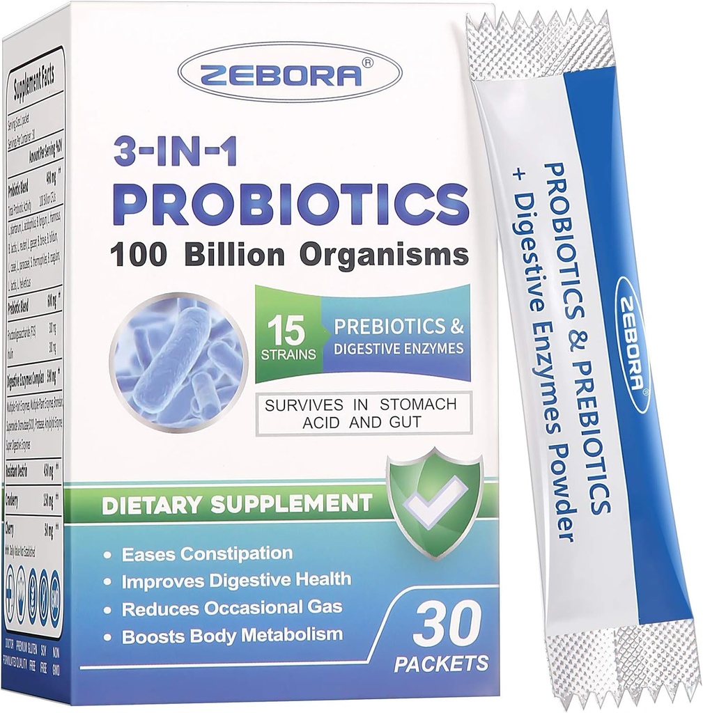 Probióticos para Hombres Mujer - 100 Billion Plus Enzimas Digestivos & Prebióticos, Mayor Potencia 3 en-1 Probióticos Completos para Salud Digestiva, Apoyo Inmunitario