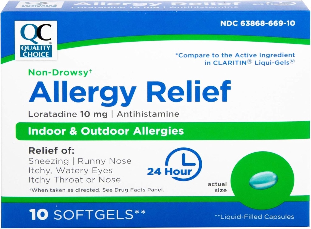 Alivio de Alergia de la Elección de Calidad, 24 horas Alivio de Alergia No Drowsy para Alergias al aire libre en interiores, Loratadina Antihistamínico 10 mg, Softgels Líquidos, 10 Condes