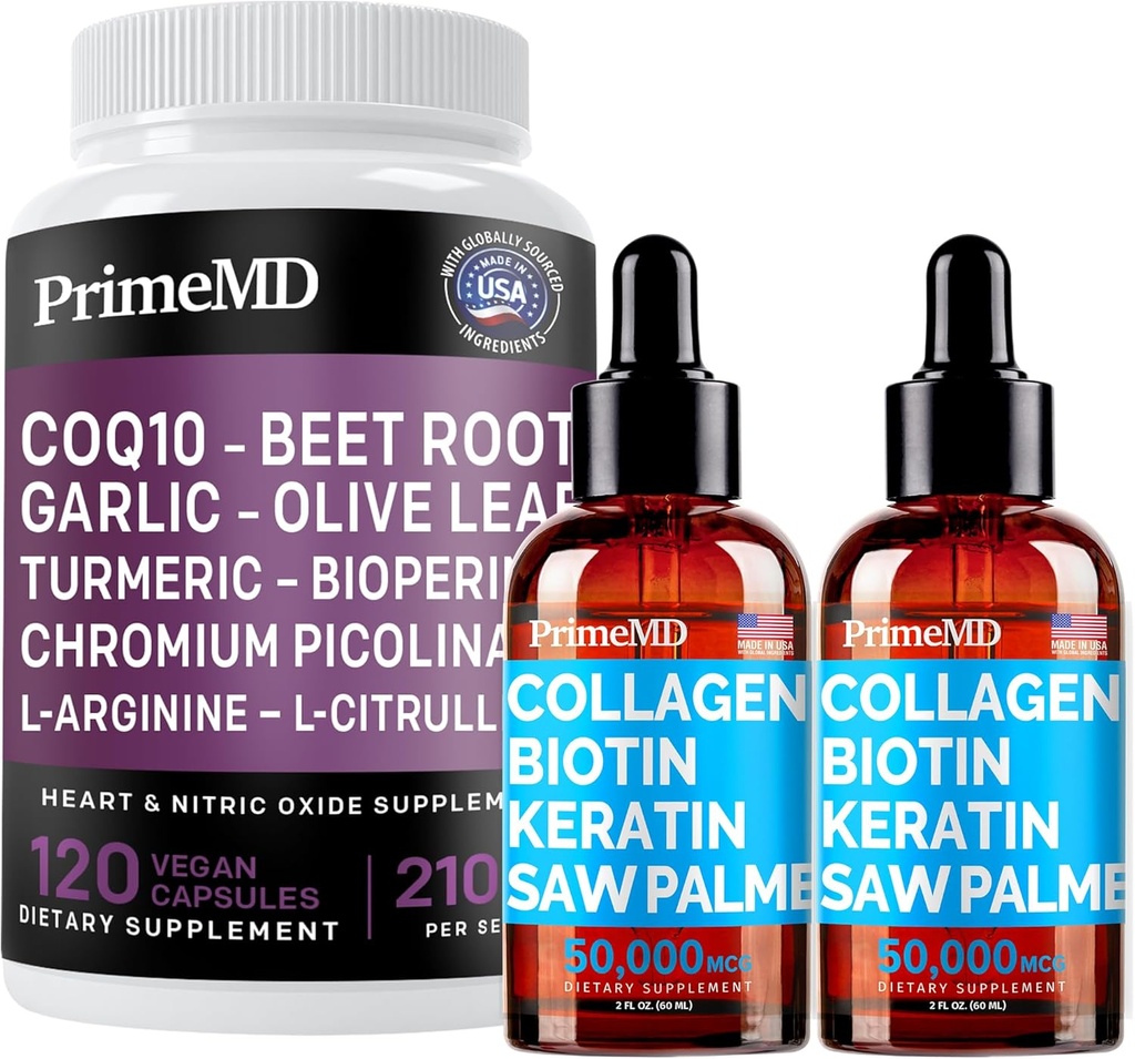 Biotina de colágeno líquido (2pk) y óxido nítrico (1pk) Suplemento Bundle - Vitaminas de Potente para el cabello, la piel, las uñas, el corazón, la circulación y el soporte de la lípido - No GMO, Vegano, Libre de gluten