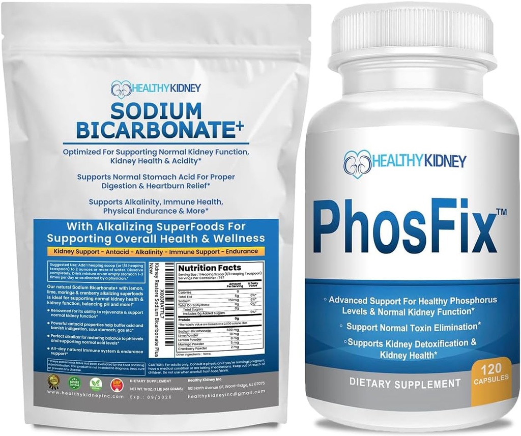 Organic Sodium Bicarbonate Alkaline Supplement Bundle: 1LB Powder for Alkalinity, Kidney & Acid Support + PhosFix 120 Pills Phosphorus Binder for Healthy Phosphorus Levels & Kidney Health Renal Suppor