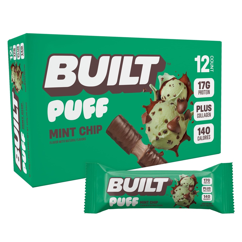 Bar, Puff Protein Bares, Mint Chip Puff, 17g Protein Snacks, On-The-Go Bars, Sólo 140 Calories, 6g Azúcar, Collagen, Gluten Free, 12 Conde