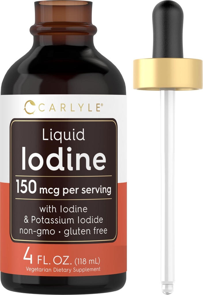 Carlyle Liquid Iodine Drops 4 fl oz TEN 150 mcg ANTE Iodine ' Potassium Iodide Suplemento Silencio Vegetarian Liquid Tincture ← Non-GMO, Gluten Free