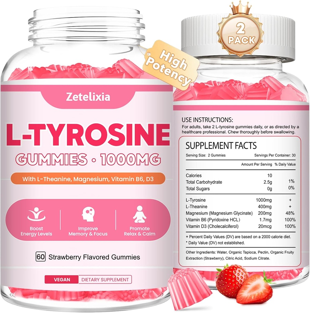 2 Pack L Tyrosine Gummies, L-Tyrosine Supplement Gummies, L-Theanine Gummies with Vitamin B6 D3, Focus Gummies Support Memory, Energy, Mood for Adult & Kids, Strawberry Flavor, 120 Count