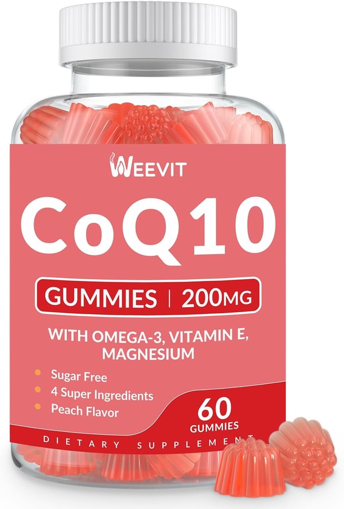 Sugar Free CoQ10 Gummies 200mg, Coenzyme Q10 w/Omega-3, Vitamin E for Adults, Co Q10 Supplement for Antioxidant, Energy, Brain Support