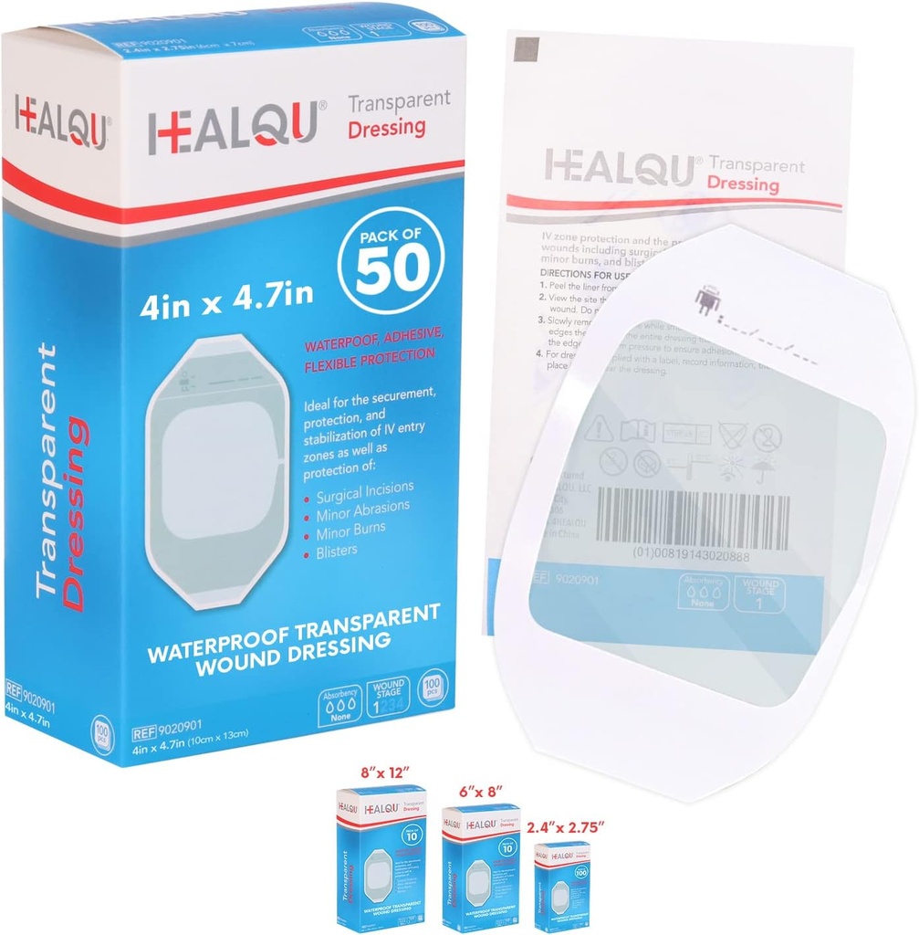 Vestir de película transparente 4" x 4,75" (50 Pack) – Bandajes de sonido resistente al agua para ducha post-quirúrgica, escudo IV, cuidado de tatuaje después, transparentes parches de vestir transpirables por HEALQU