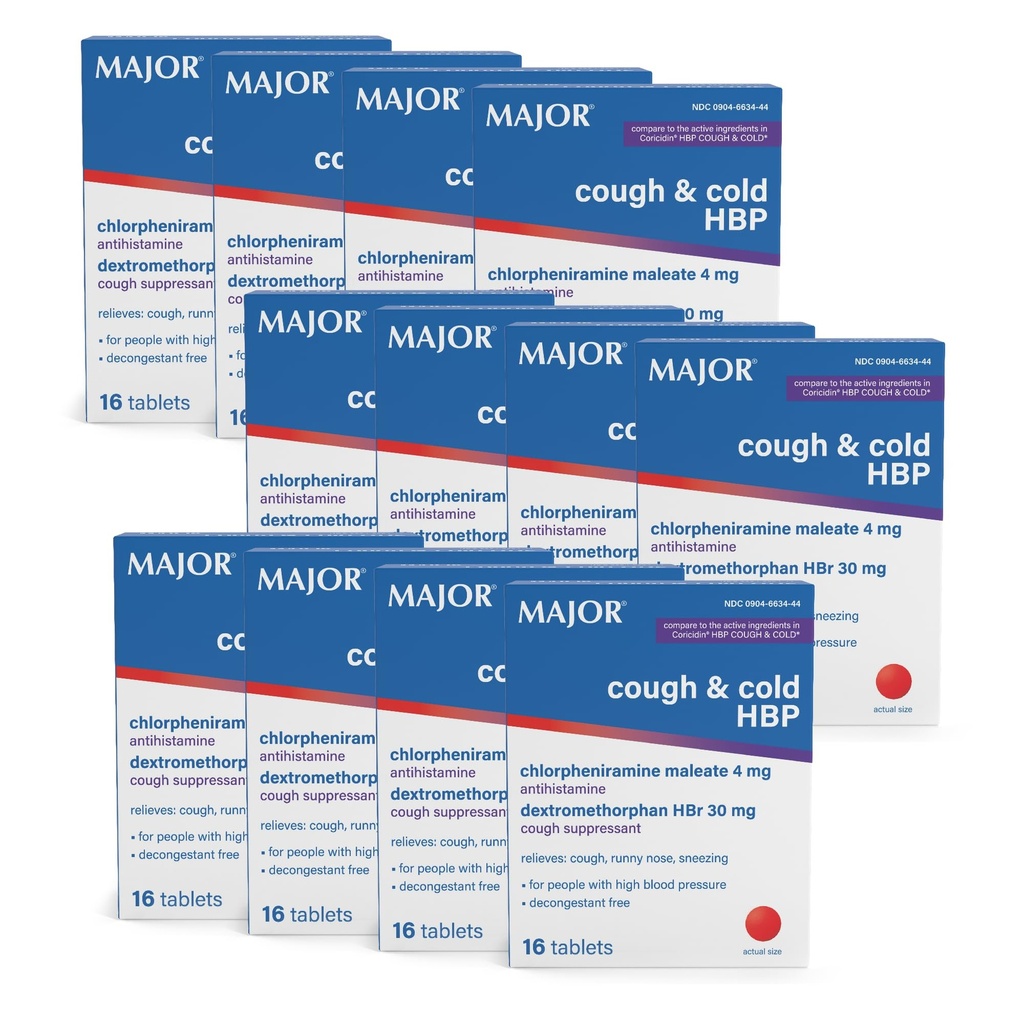 MAJOR Cough and Cold HBP Tablets - Antihistamine and Cough Suppressant for People with High Blood Pressure - Dextromethorphan HBr, Chlorpheniramine Maleate - 16 Count (12 Pack)
