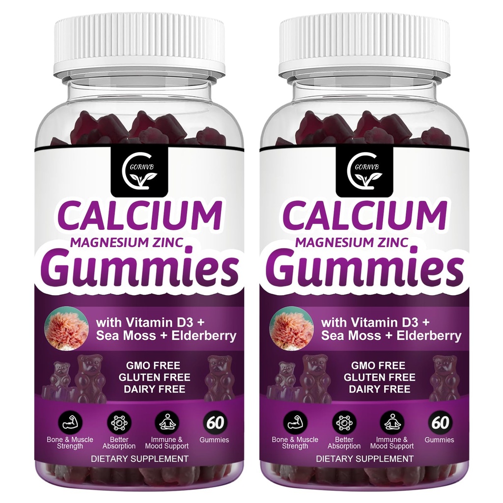 Calcium Magnesium Zinc Gummies with High Absorption Magnesium Glycinate 300mg, Potassium - Plant Complex Calcium Magnesium 2:1 Ratio, with D3 Sea Moss for Bone, Immune & Sleep Support, Vegan-2 Pack