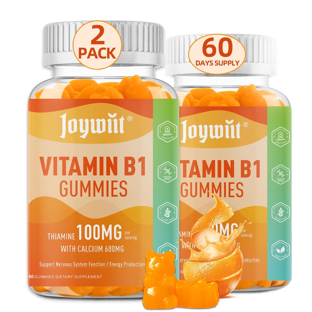 Vitamina B1 Gummies 100mg para adultos &amp; niños, Thiamine B1 Suplemento con 600 mg de calcio, Nervous System Supports " Boost Energy, Orange Flavor, Non GMO, Vegan, 120 Chewable Gummies