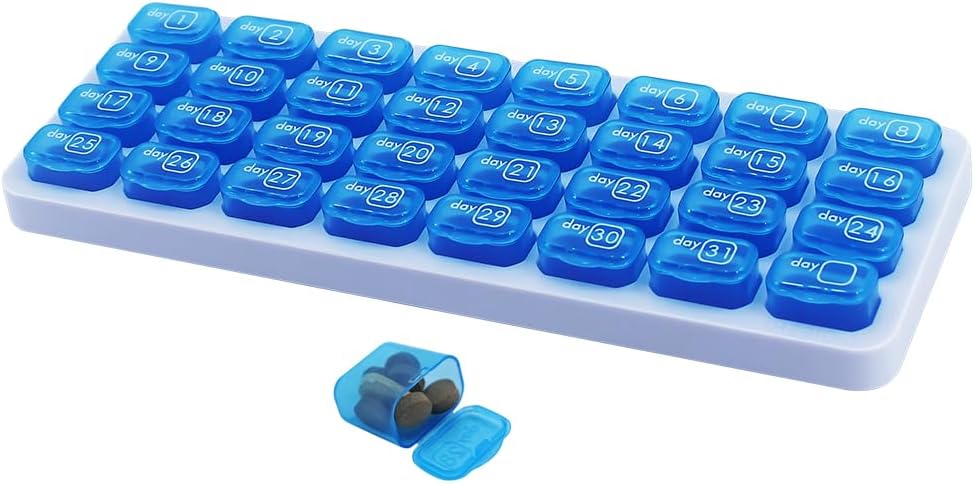 Organizador mensual de píldoras, caja grande de carga de viaje 31 días, caja de píldoras diarias, contenedor de píldoras para la vitamina, medicina, suplemento, aceite de pescado, azul