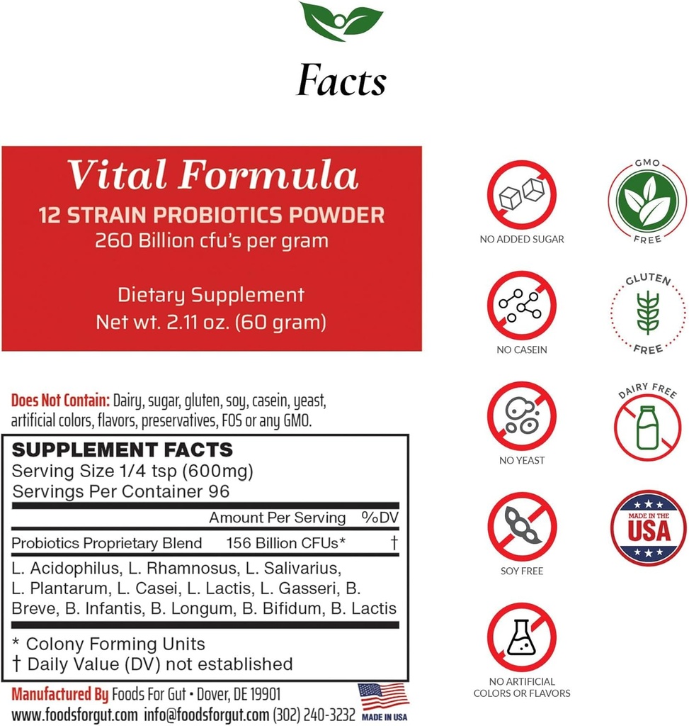 Foods For Gut Vital Formula 12 Strain Probiotics Powder 260 Billion CFU | Made in USA | Direct from Manufacturer | No Third-Party Storage | Immune Support | 60 Grams (2.11 Oz)