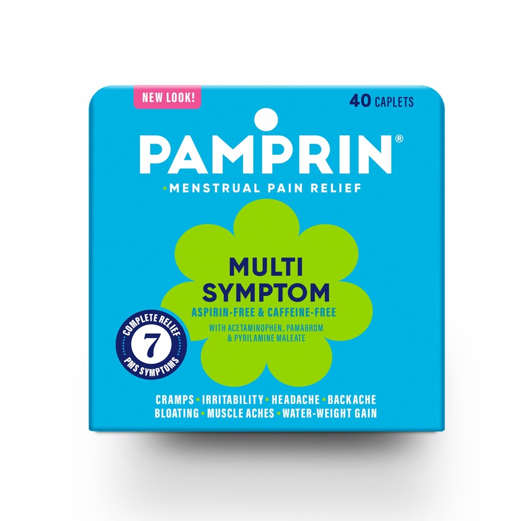 Fórmula multi-síntoma de Pamprin, con Acetaminofeno, síntomas del período menstrual Alivio incluyendo calambres, dolor, ruborización e irrigibilidad 40 cápsulas