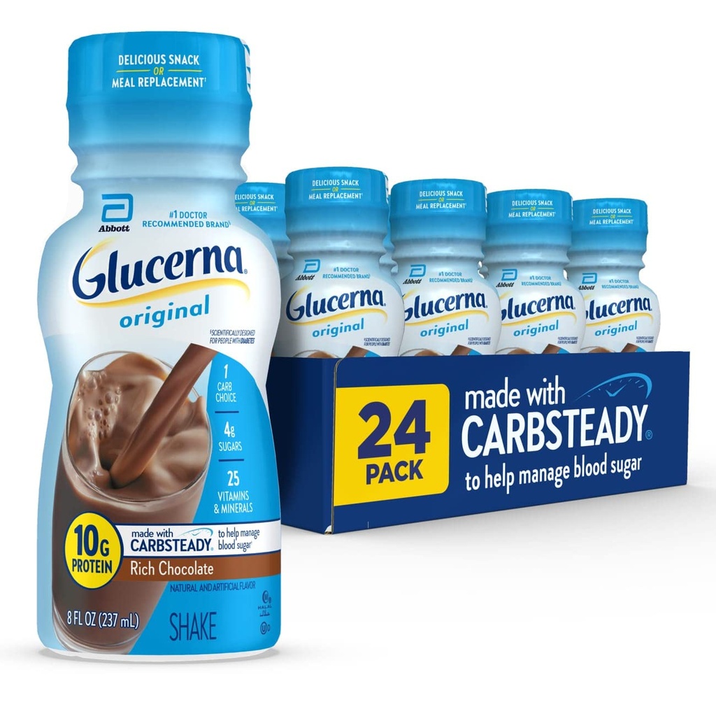 Glucerna Original Diabetes Care Shake, Rich Chocolate, Diabetic Meal Replacement to Support Blood Sugar Management, 10g Protein, 180 Calories, Listo para beber, 8-fl-oz Bottle, 24 Pack