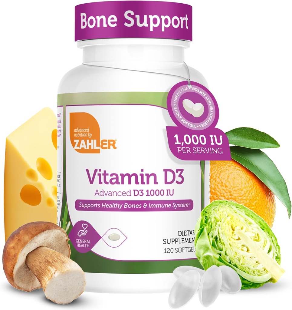 Zahler - Vitamina Avanzada D3 1000 U Softgels (120 Conde) Kosher Végetariana Vitamina D para soporte inmunitario, bonificación, dientes &amp; salud muscular - Easy Swallow VIT D 3