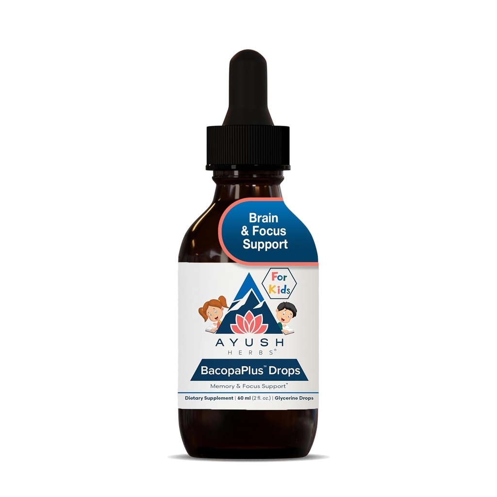 Ayush Herbs BacopaPlus Drops for Kids - Kids Focus and Attention Supplement with Bacopa, Ashwagandha, Ginkgo, Support for Brain & Memory, Organic Ingredients - 2 Fl Oz (80 Servings)