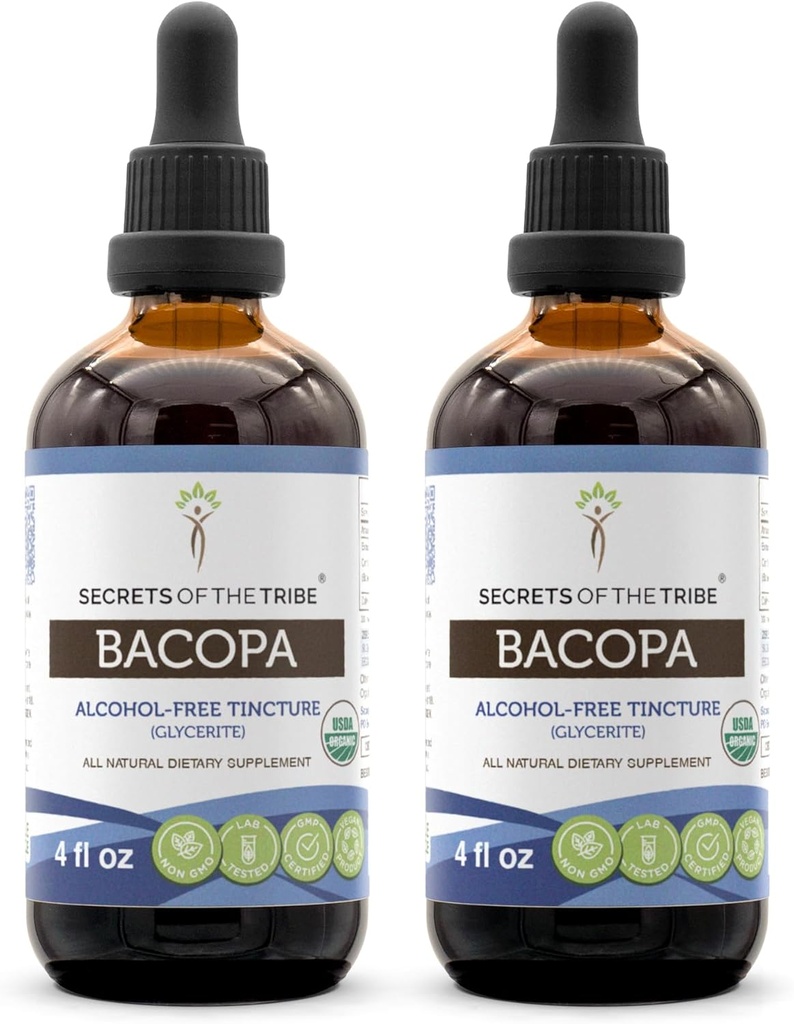 Secretos de la tribu Bacopa USDA Orgánica ← Extracto sin alcohol, gotas herbales de alta potencia ← Hecho de Bacopa orgánica 100% certificada (Bacopa Monnieri) hierba seca (2x4 oz)