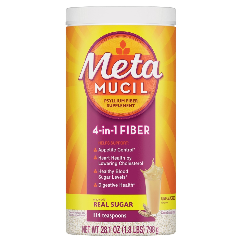 Metamucil, Psyllium Husk Powder, Unflavored Original Texture, with Sugar, 114 Servings, 4-in-1 Fiber Supplement, Daily Psyllium Husk Fiber Powder Ayuda Apoyo Digestive Health by Promoting Regularity*