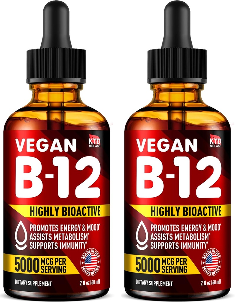 Pack of 2 - B12 Sublingual 5000 mcg Drops - Made in USA - Vegan B12 Vitaminas para la Energía, Mood & Memory - Highly Bioavailable Sublingual Drops - Metilcobalamin for Women &amp; Men - 2 fl. oz.