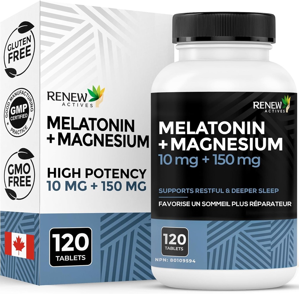 ACTIVOS REENEW Melatonin 10MG con Magnesium 150MG Ayuda para dormir por servicio – Apoya el inicio del sueño, Jet Lag Relief, Formación de tejidos " Equilibrio de electrolitos para el sueño reparador – Hecho en Canadá – 120 cápsulas