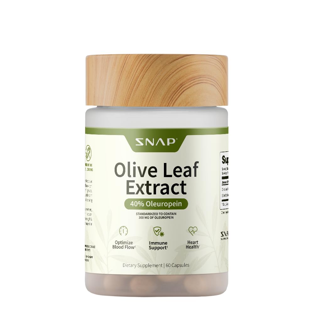 Snap Supplements Olive Leaf Extract Capsules - Super Strength 40% Oleuropein for Blood Flow Support, Mejorar la digestión, Antioxidante Boost, Suplemento Mejorar la función cerebral (60 cápsulas)