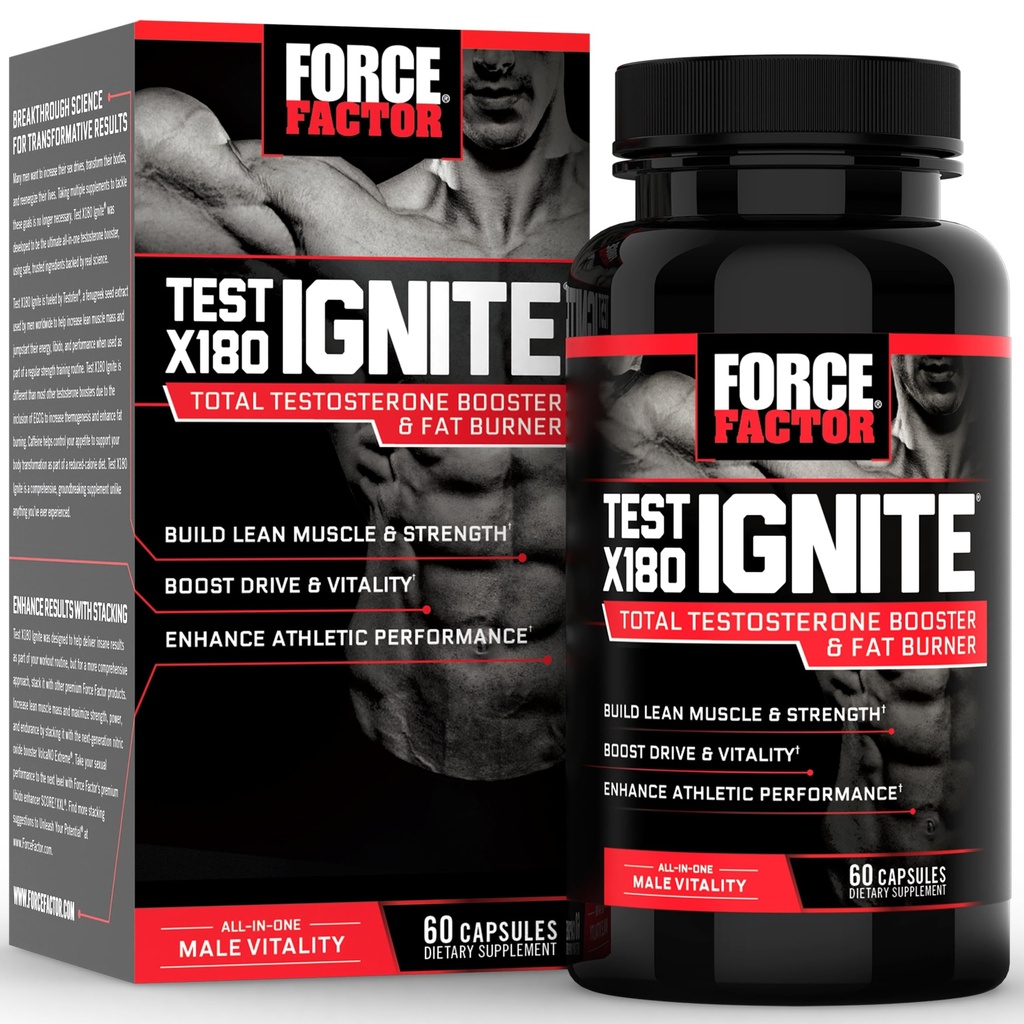 Prueba FACTOR X180 Ignite Booster total de testosterona para Hombres con semillas fenugreek y té verde Extracto para construir músculo magro, energía superior y mejorar el rendimiento, 60 cuenta