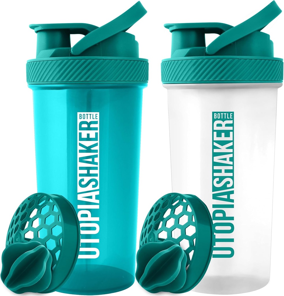 Utopia Home Protein Shaker Botella - (Pack of 2) 28-Ounce Botellas Shaker Para Mezclas Protein - Fitness Sports Classic Protein Mixer Botella (Teal &amp; Clear/Teal)