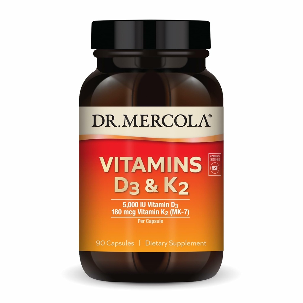 Dr. Mercola Vitamins D3 & K2 - Supports Immune, Brain, Cardiovascular, Respiratory & Bone Health - GMO-Free, Gluten-Free & Soy-Free - 90 Capsules (90 Servings)