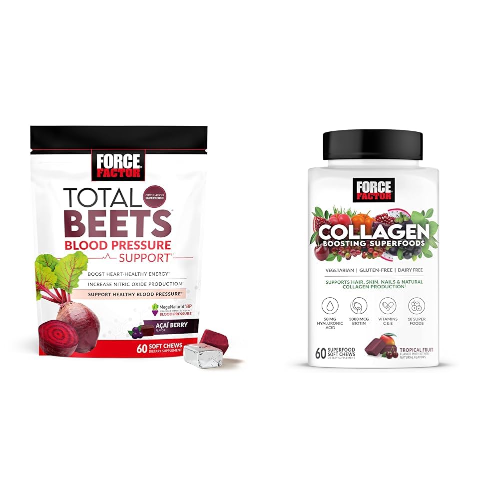 Factor de fuerza Total Beets Presión de sangre Soporte 60 Chews y Collagen Boosting Superfoods 60 Chews suaves para la salud del corazón, la piel, el cabello y las uñas