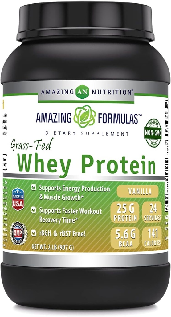 Amazing Formulas Grass-Fed Whey Protein Powder Supplement | 2 Lbs | Vanilla Flavor | Non-GMO | Gluten-Free | Made in USA