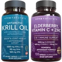 Viva Naturals Antártico Krill Oil and Elderberry, Vitamina C, Zinc y Vitamina D3 5000 UI Bundle, 1250 mg de Krill Oil Proporcionándole Omega 3 EPA y DHA para Salud Conjunta, Elderberry para Soporte Inmunitario