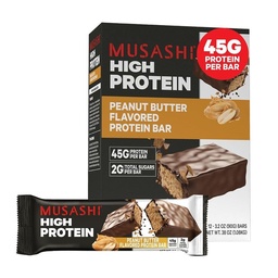 MUSASHI High Protein Bar, 45g Protein, 2g Total Azúcares, Mantequilla de maní y chocolate de leche Coated, Post Workout y Protein Snack On The Go, 12 Pack of 3.2oz (90g) Bares