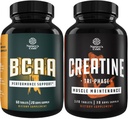 Bundle of Branch Chain Amino Acids Supplement and High Strength Tri Phase Creatine Pills - Vegan BCAA Capsules Post Workout Muscle Recovery and Growth Support - Muscle Mass Gainer and Muscle Recovery